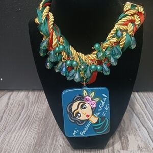 Mexican Artisan Jewerly Necklace Frida Kahlo Talavera Hand Painted